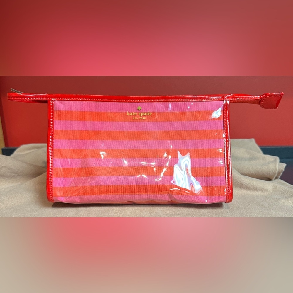Kate Spade New York Cosmetic Bag Red & Pink Striped Nice Size 8.5”x5.5”x3”